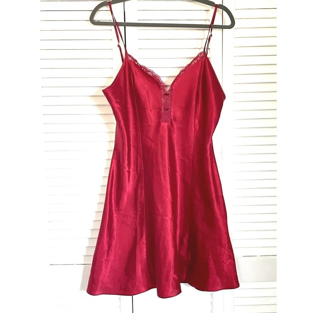 Vintage 90s Y2K Delicates Womens Med Red Satin Nightgown Slip Dress